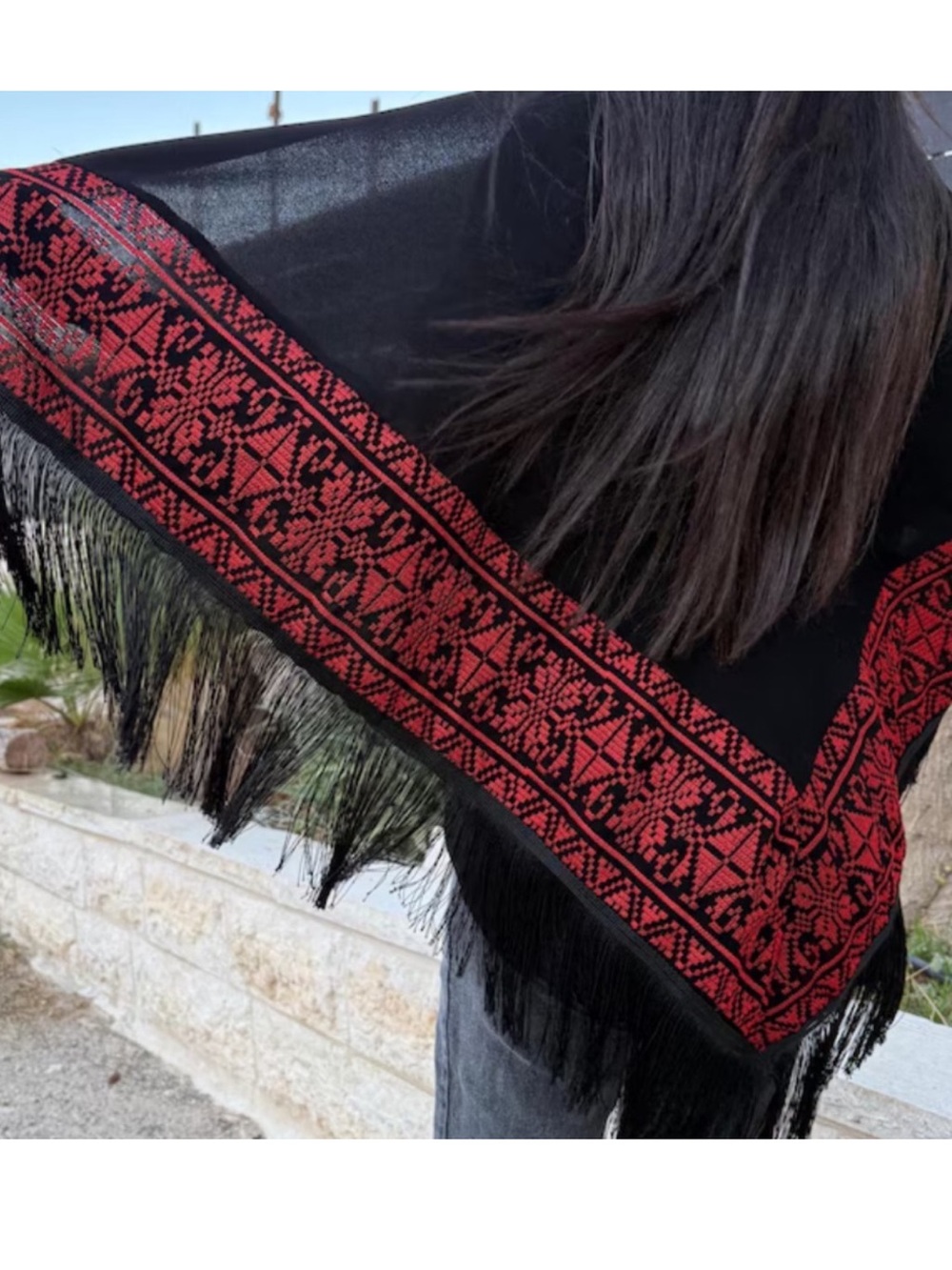 Black Shawl with Red Embroidered Border and Fringe